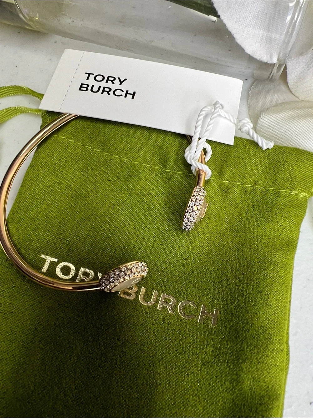 Tory Burch Gold-Tone Open Bracelet with Mother-of-Pearl and Crystal Halo